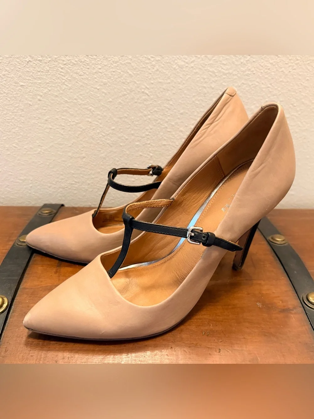 Coach Nude Pointed-Toe T-Strap Pumps with Black Straps